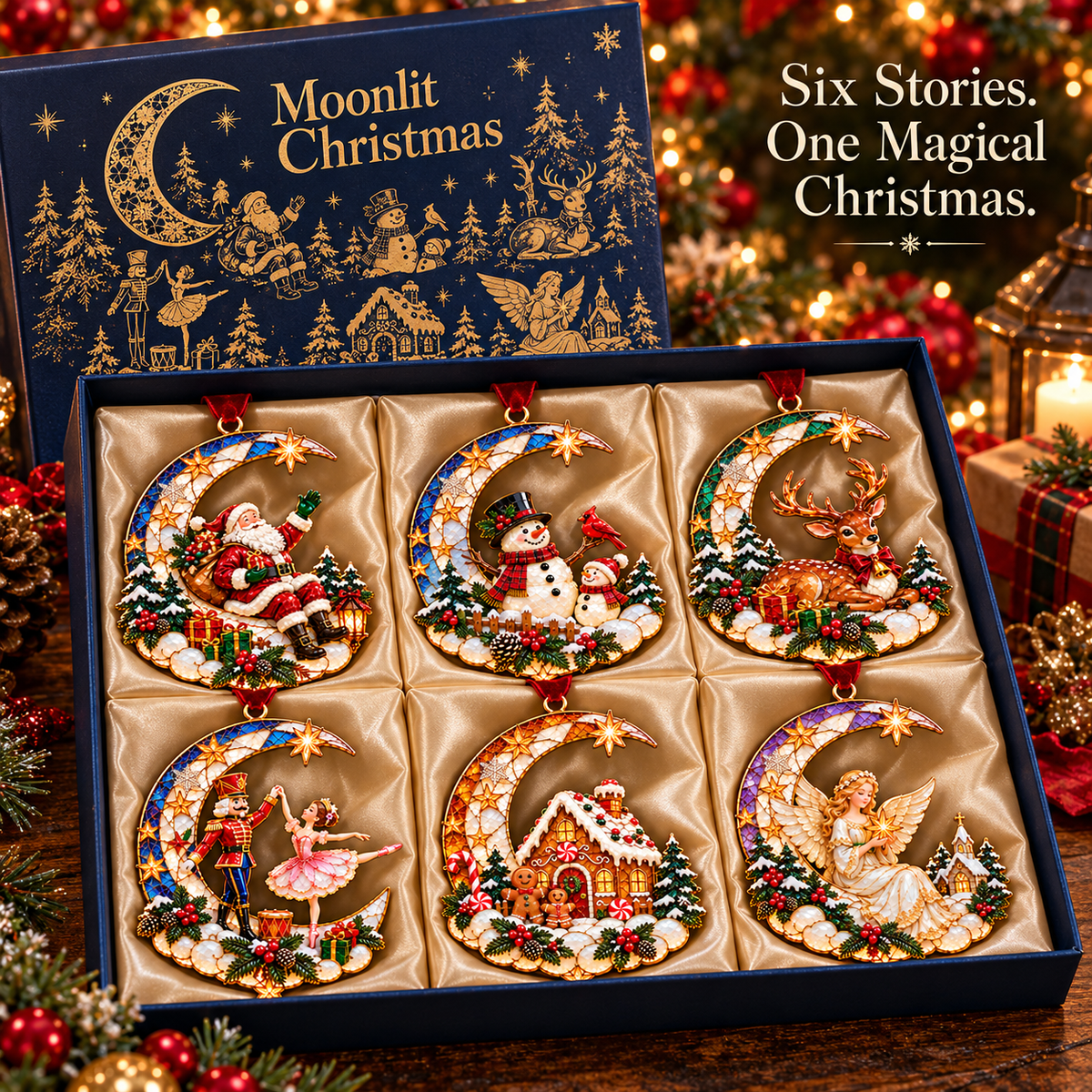 🌙 Moonlit Christmas – 6-Piece Storybook Crescent Moon Ornament Set