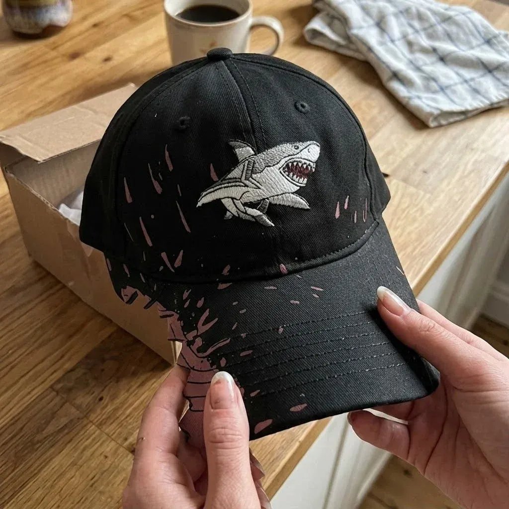 🎉🦈 Shark Bite Baseball Cap | Embroidered Shark • Bite-Shaped Frayed Brim
