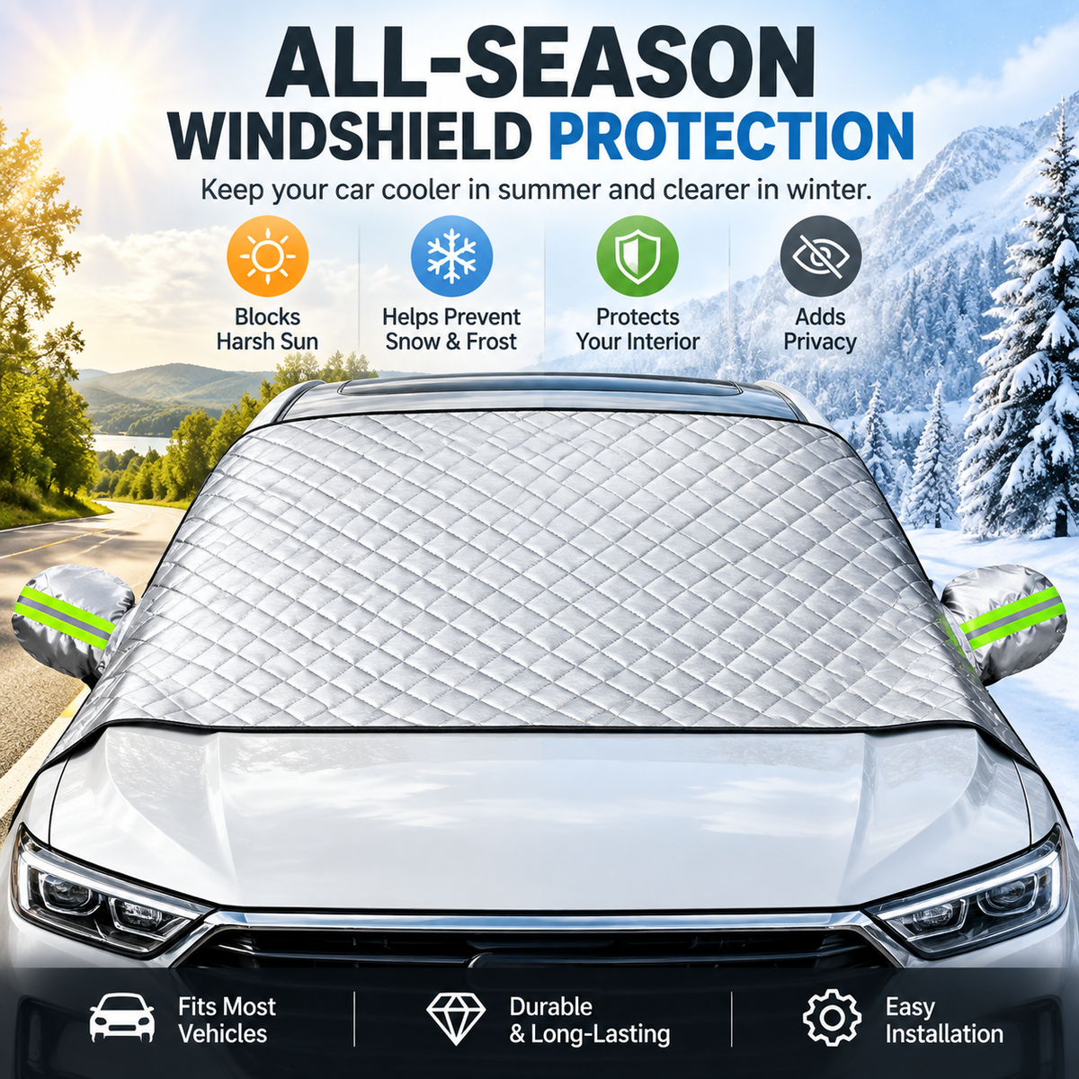 ❄️ Magnetic Windshield Cover – All-Season Snow, Frost & Sun Protector
