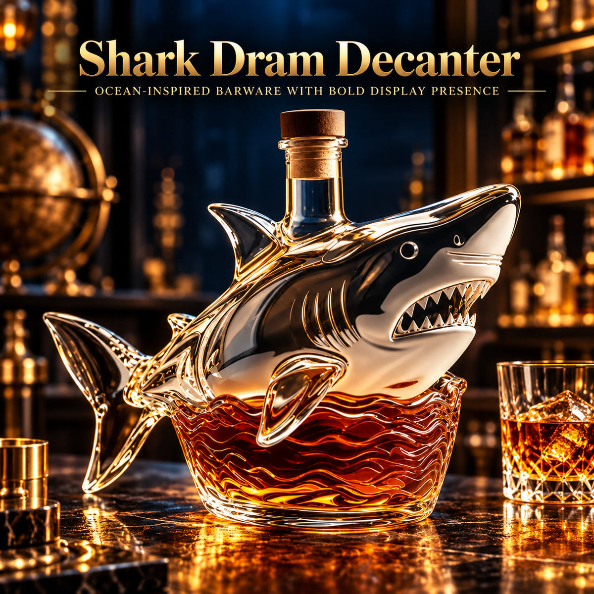 Shark-shaped decanter with an amber-toned wave base displayed in a dark home bar