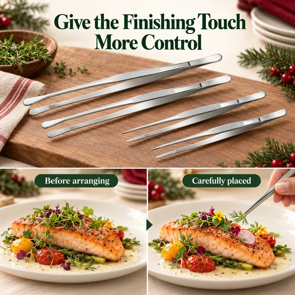 🍳4-Piece Stainless Steel Kitchen Tweezer Set – 10″ & 12″ Cooking and Plating Tongs