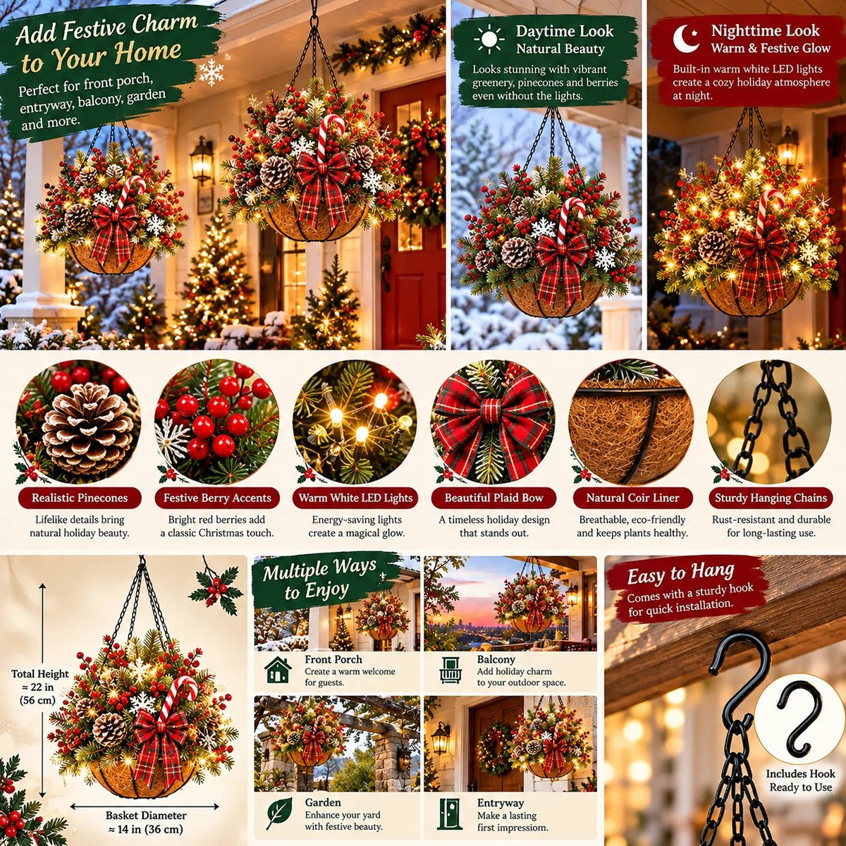 🎄 Last Day: 33% OFF – Pre-Lit Christmas Hanging Basket | Warm LED Lights & Weather-Resistant Holiday Decor ✨
