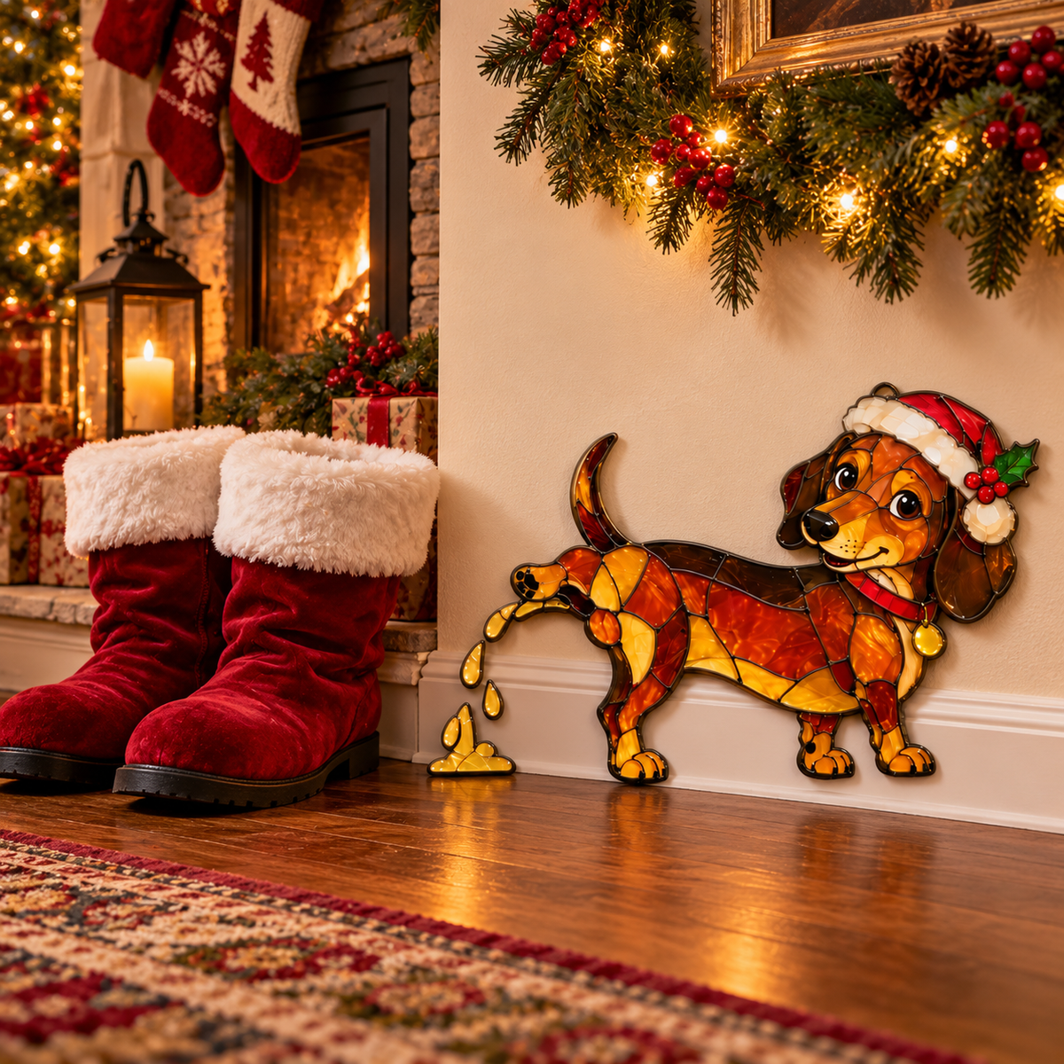🐕🎄 Funny Peeing Dachshund Christmas Decoration – Cheeky Stained-Glass-Style Holiday Decor
