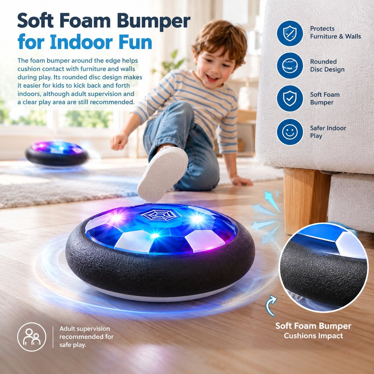 Rechargeable Hover Soccer Ball for Kids – Floating LED Indoor Soccer Disc with Foam Bumper