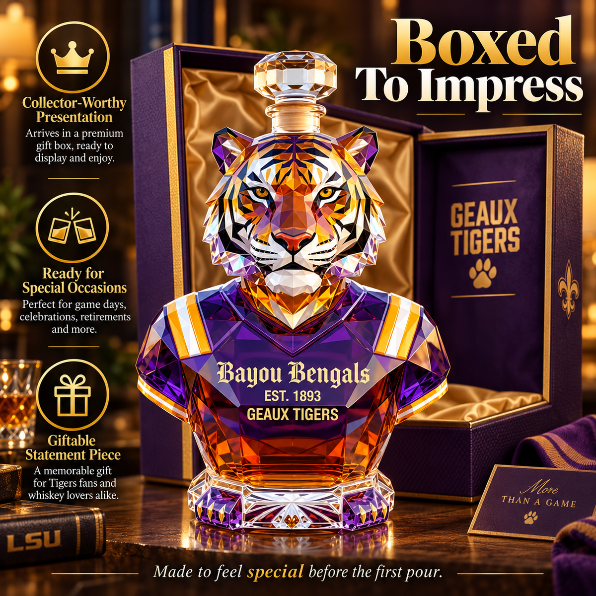 🐯 Bayou Bengals Commemorative Whisky Bottle – A Tribute to Purple & Gold Tradition 💜