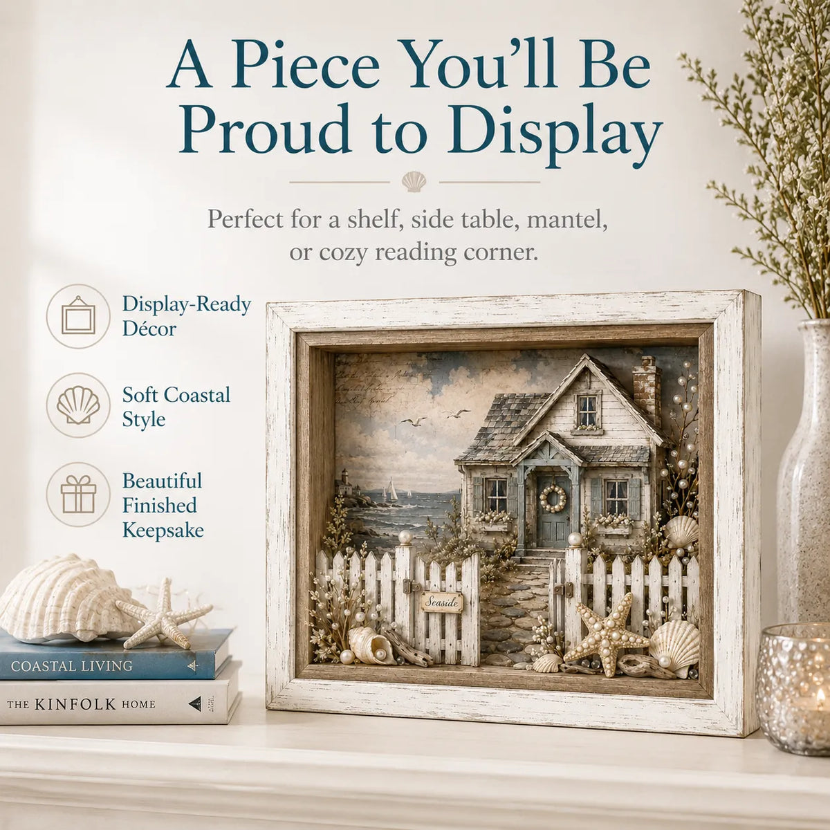 Finished seaside cottage shadow box displayed on mantel