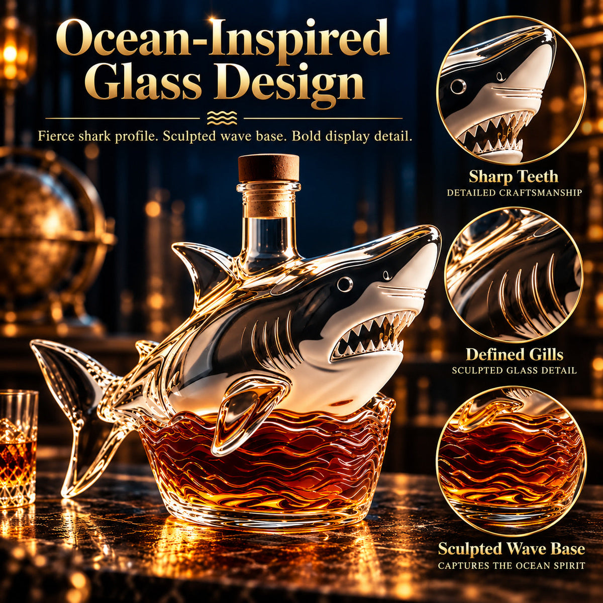Close-up views of the shark’s teeth, gills, and amber-colored wave base