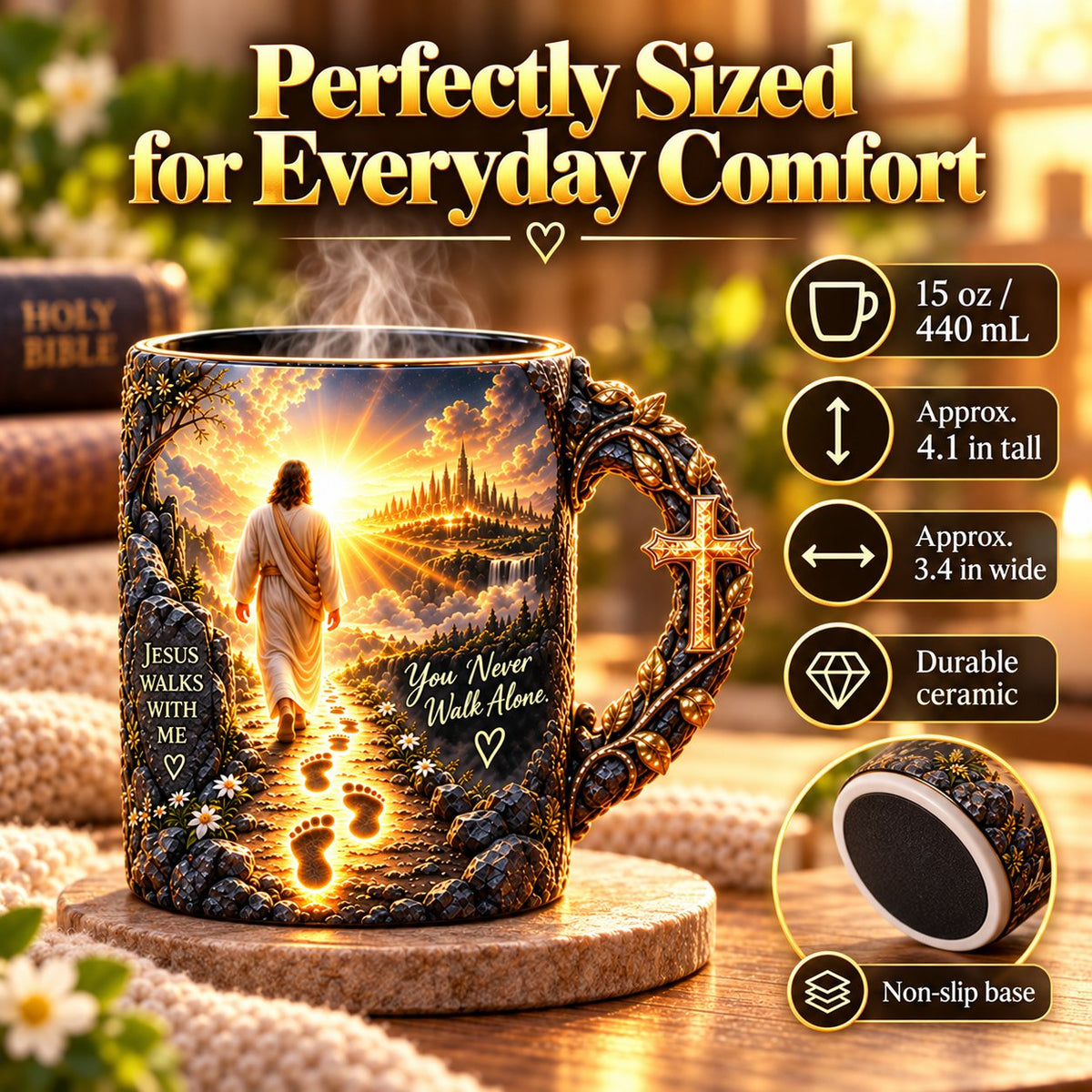 Faith-Inspired Heat-Reveal Mug – You Never Walk Alone 🕊️