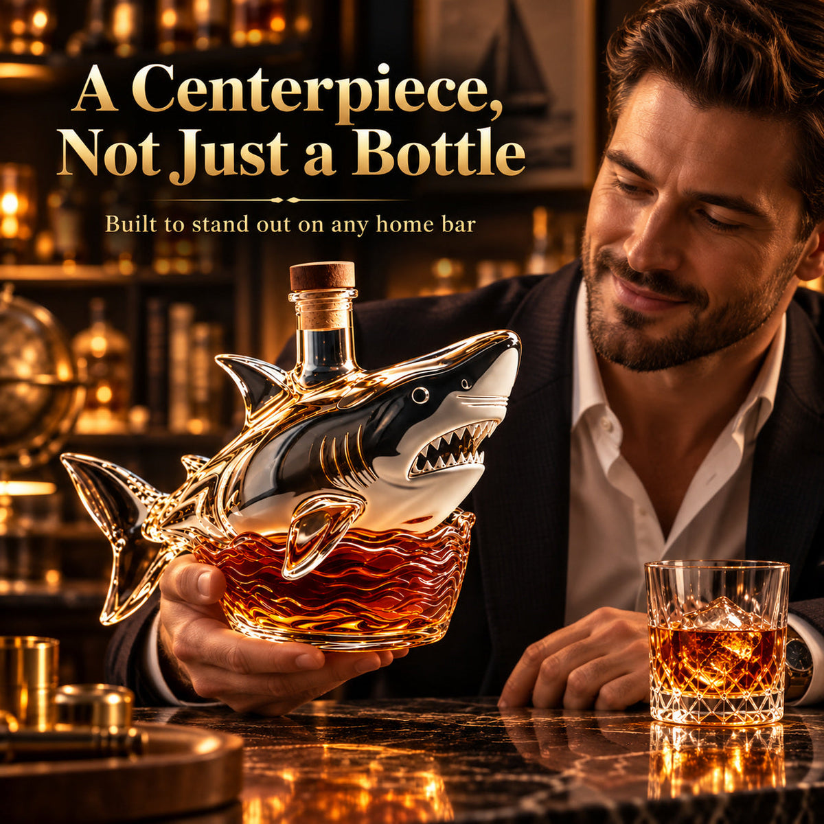 Man appreciating a shark-shaped decanter at a warm illuminated home bar