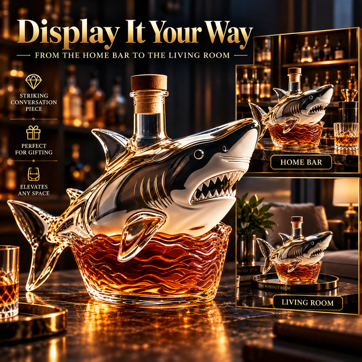 Shark-shaped decanter displayed in home bar and living-room settings