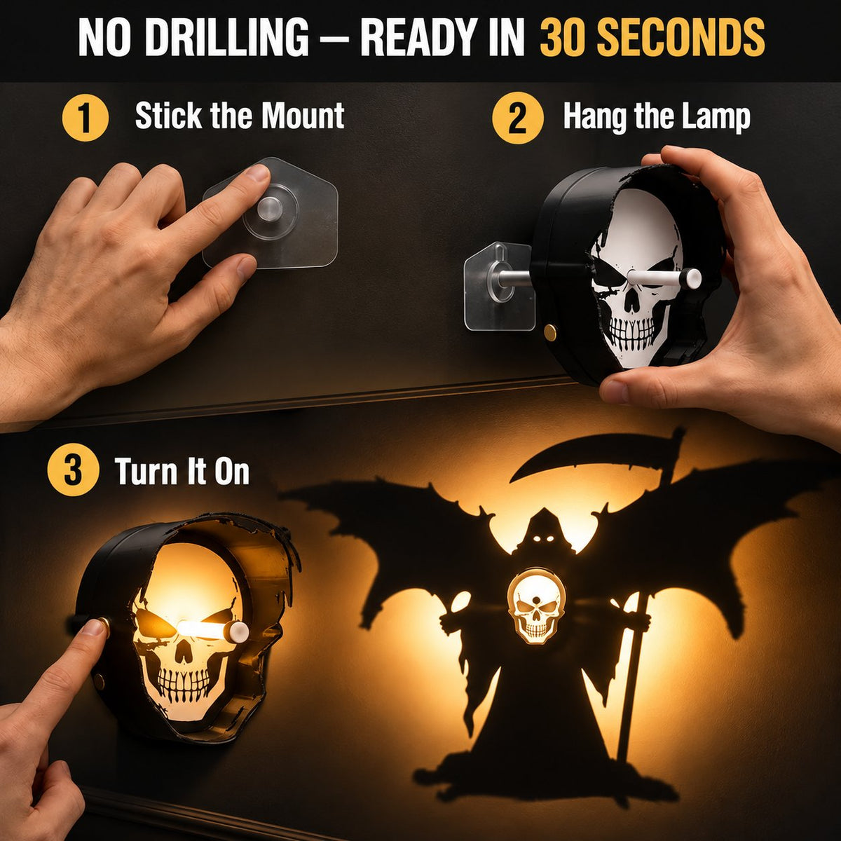 💀 Grim Reaper Shadow Projection Wall Light – No-Drill Halloween Decor