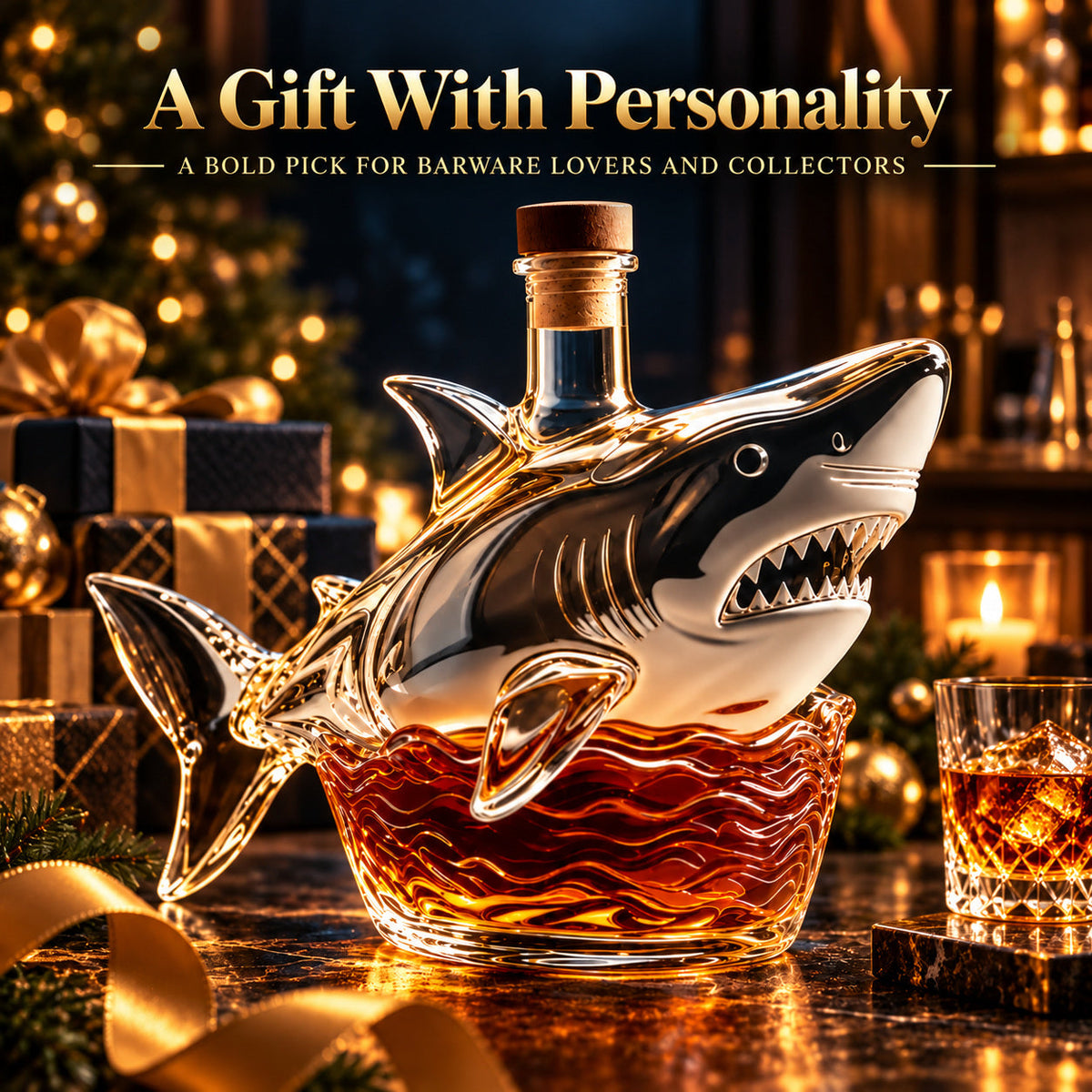 Shark Dram decanter presented with elegant holiday gift wrapping and warm bar lighting