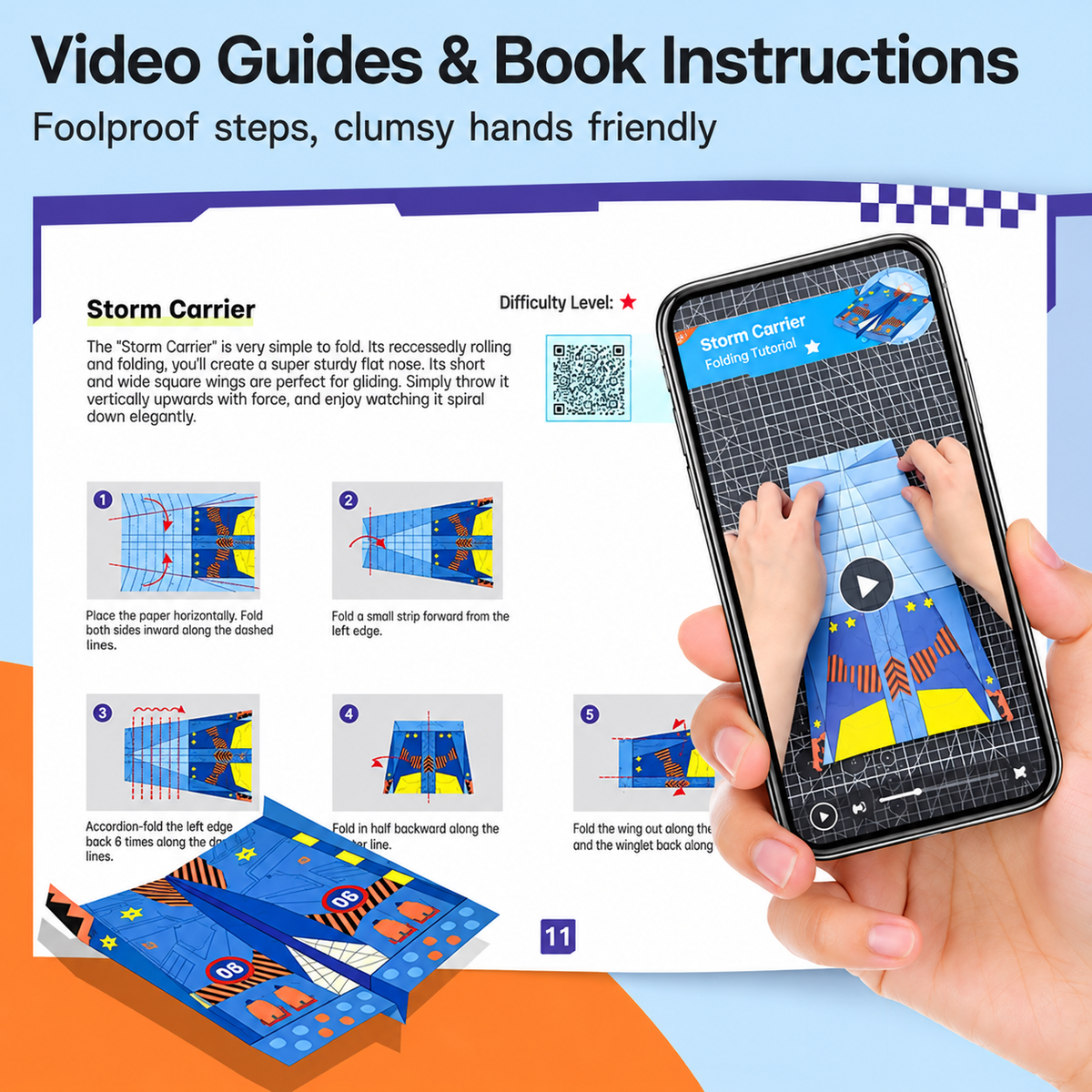Illustrated paper airplane folding instructions and video tutorial reference for an aircraft design