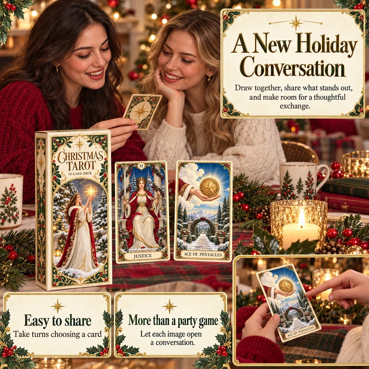 Two friends sharing a holiday tarot card reading
