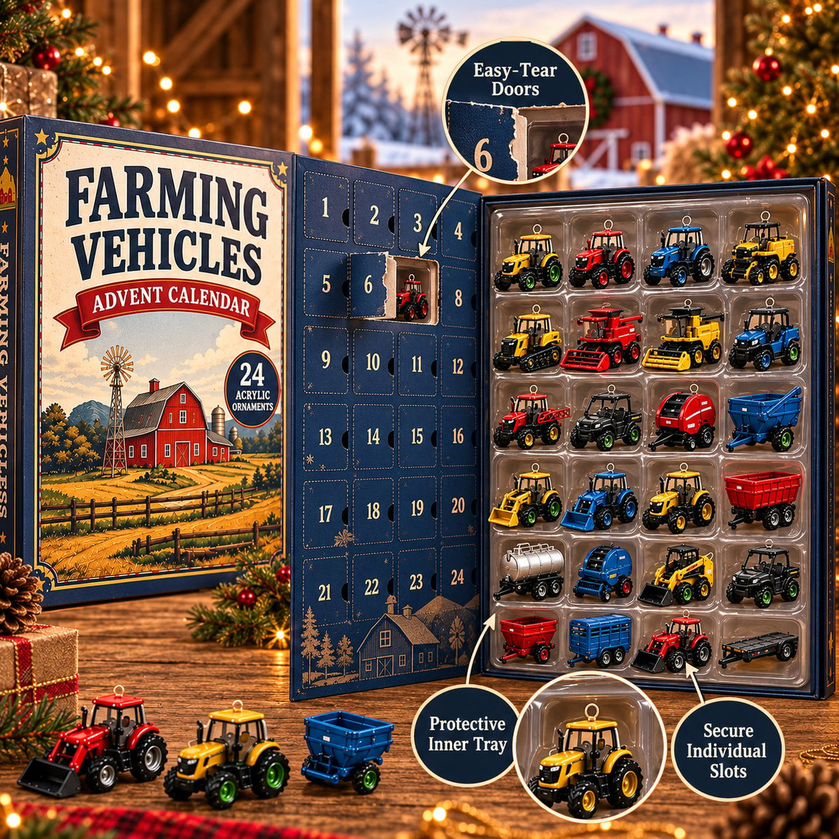 Farming Vehicles Advent Calendar & 24-Day Collector Edition Holiday Countdown Collectible for Farm Toy Fans, Desktop Display & Christmas Gift