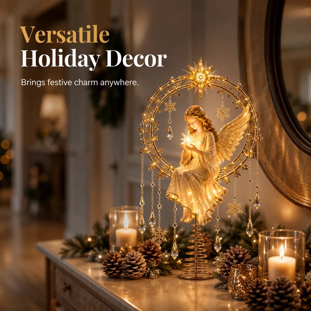 👼 Golden Angel Christmas Tree Topper – Warm LED Glow & Sparkling Details