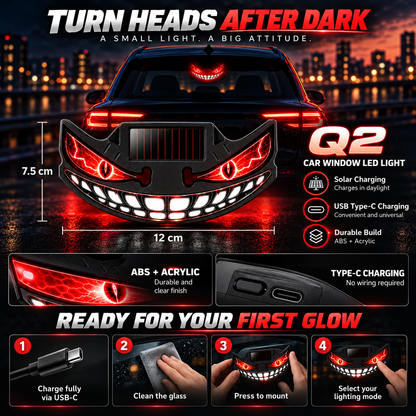 😈🚗 Devil Grin LED Car Window Light – Solar + USB-C Rechargeable Window Glow