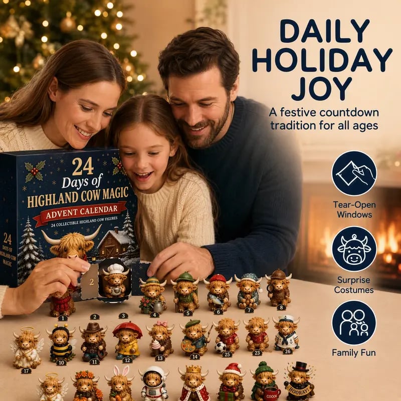 🐮 24-Day Highland Cow Advent Calendar – Festive Mini Figurine Collectible Set for Christmas Countdown