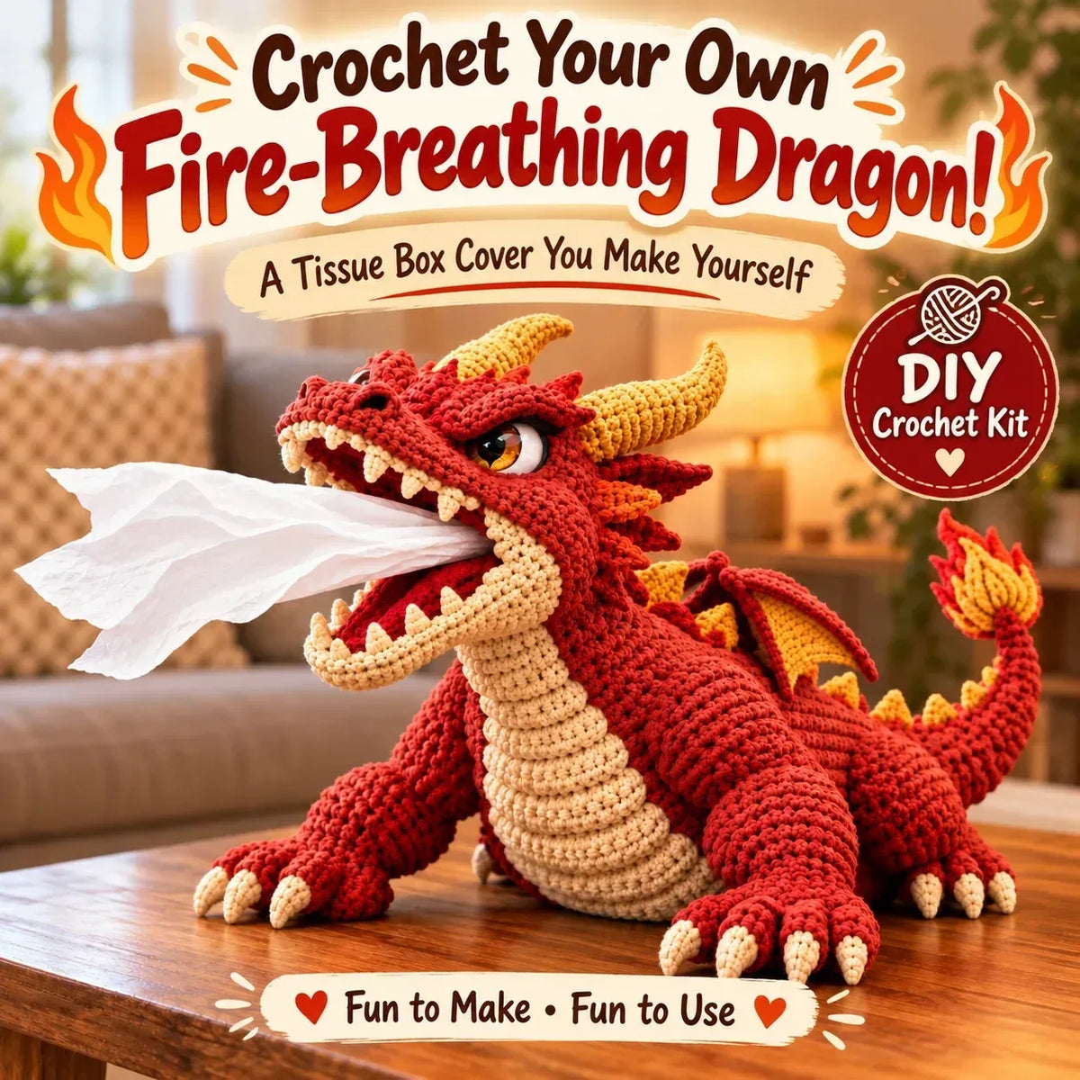 🐉 Fantasy Crochet Tissue Box Cover DIY Kit – Fire-Breathing Dragon or Lava Turtle 🧶