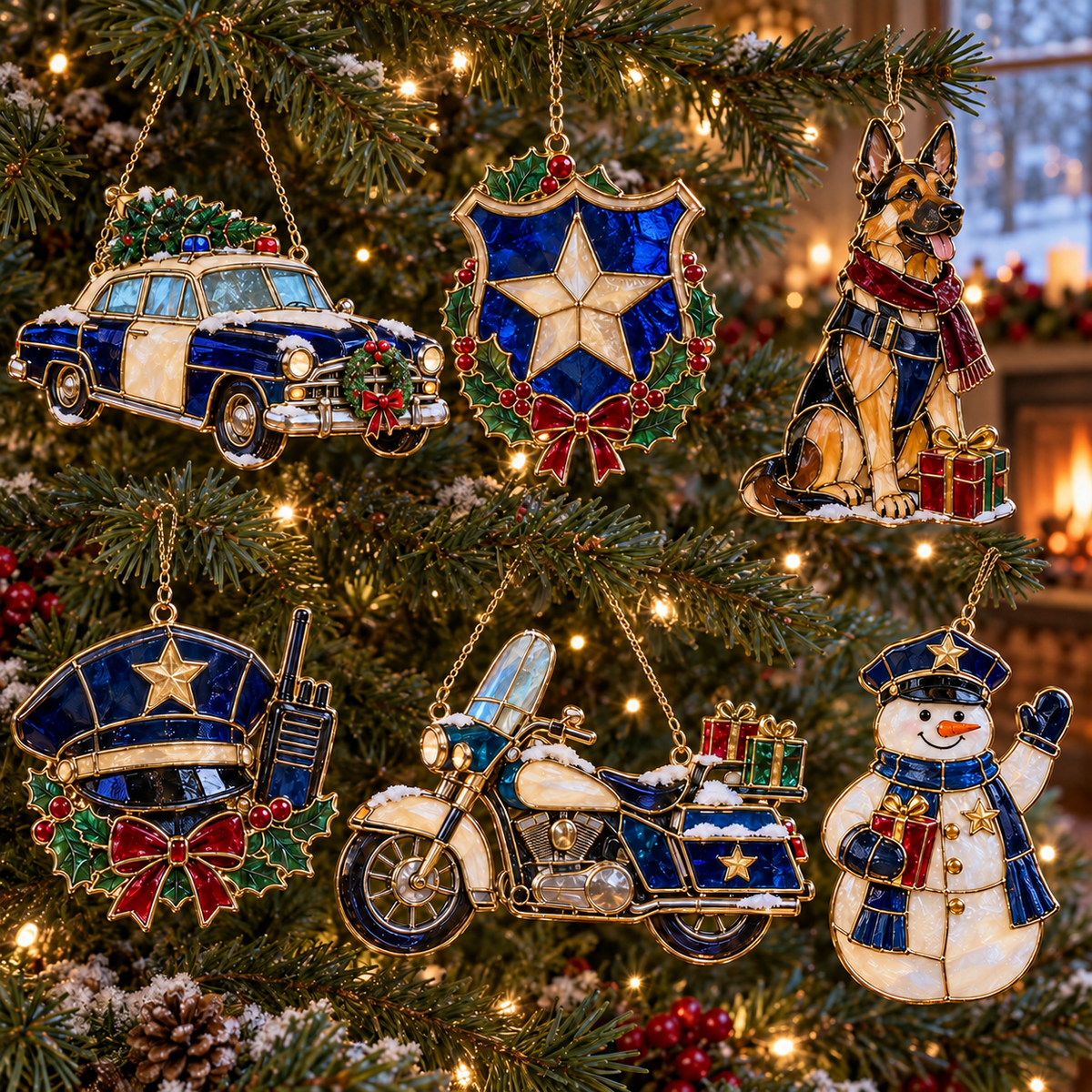 ✨ 2026 Police Christmas Ornaments – Set of 6 | Vintage Stained Glass Police Car, K9 Dog, Motorcycle & Badge Hanging Decorations | Law Enforcement Christmas Tree Ornaments & Gifts for Police Officers