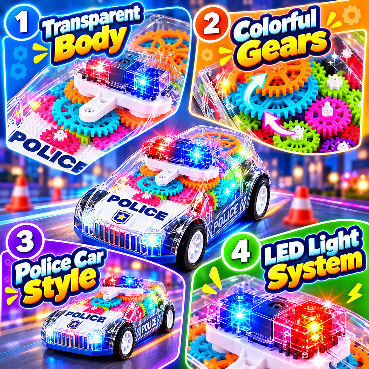 🚓 Light-Up Transparent Gear Police Car – Interactive Moving Gear Toy