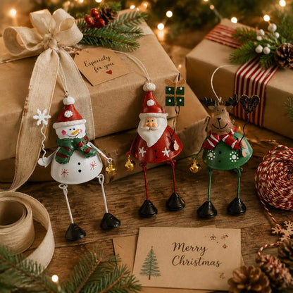 🎄✨ Hand-Painted Metal Christmas Ornaments – Playful Dangling-Leg Design 🎁