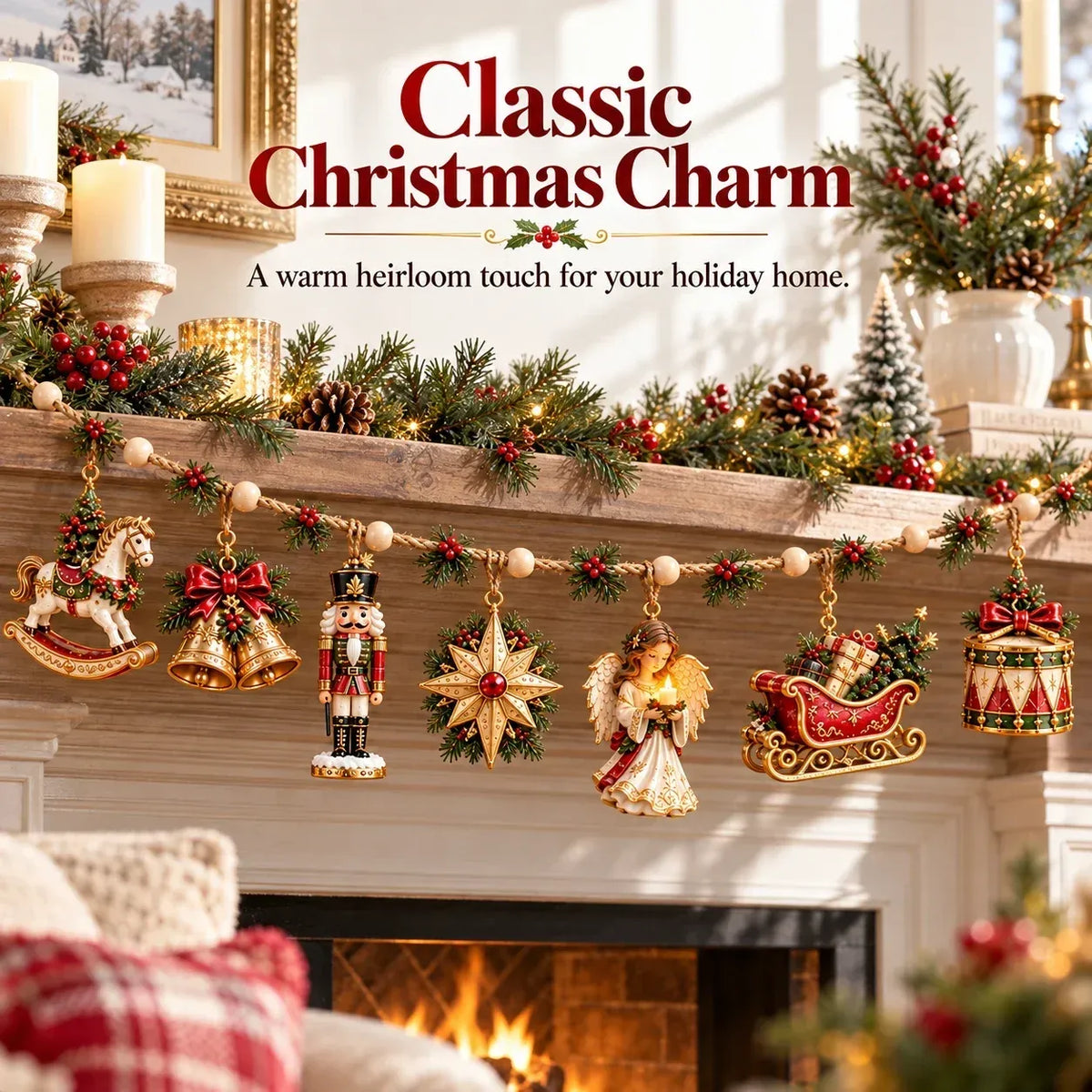🎄 7-Piece Vintage-Style Christmas Garland Set | With Detachable 3D Ornaments