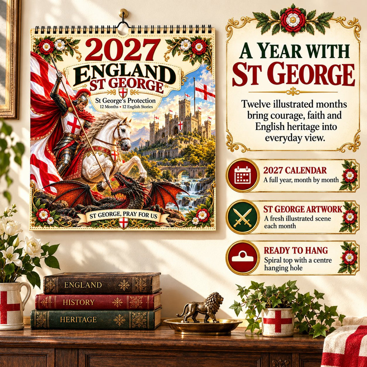 ⏳ Last Day 49% OFF – 🛡️ 2027 England St. George Wall Calendar | 12 Illustrated Monthly Scenes with Faith, Courage & Heritage 🇬🇧