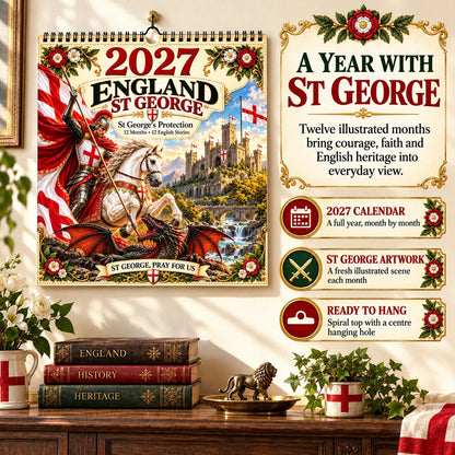 ⏳ Last Day 49% OFF – 🛡️ 2027 England St. George Wall Calendar | 12 Illustrated Monthly Scenes with Faith, Courage & Heritage 🇬🇧
