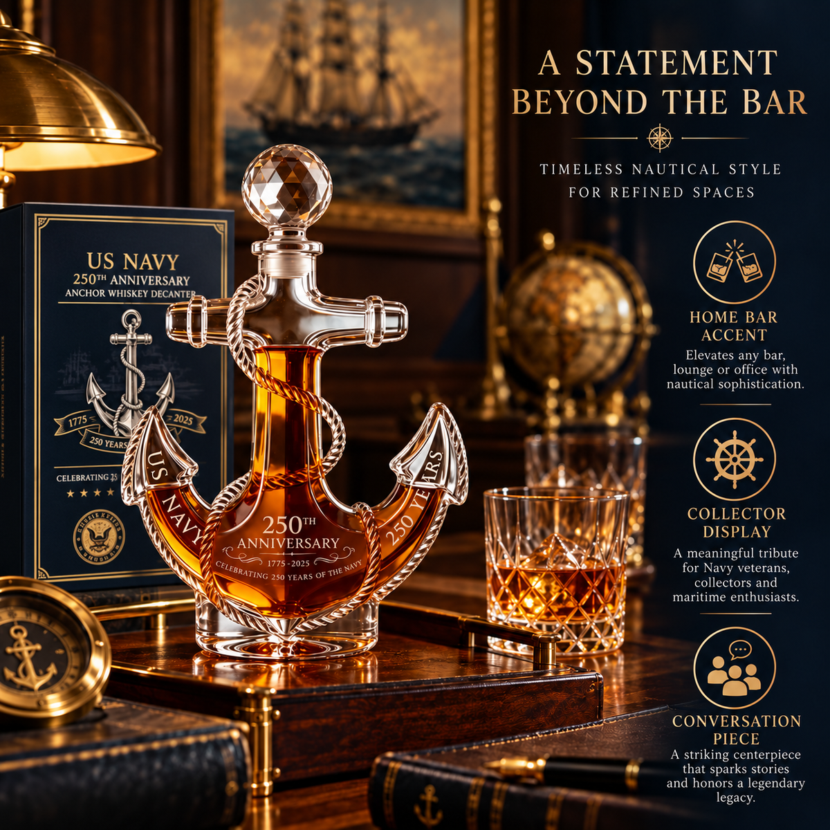 ⚓🇺🇸 U.S. Navy 250th Anniversary Anchor Whiskey Decanter 🥃