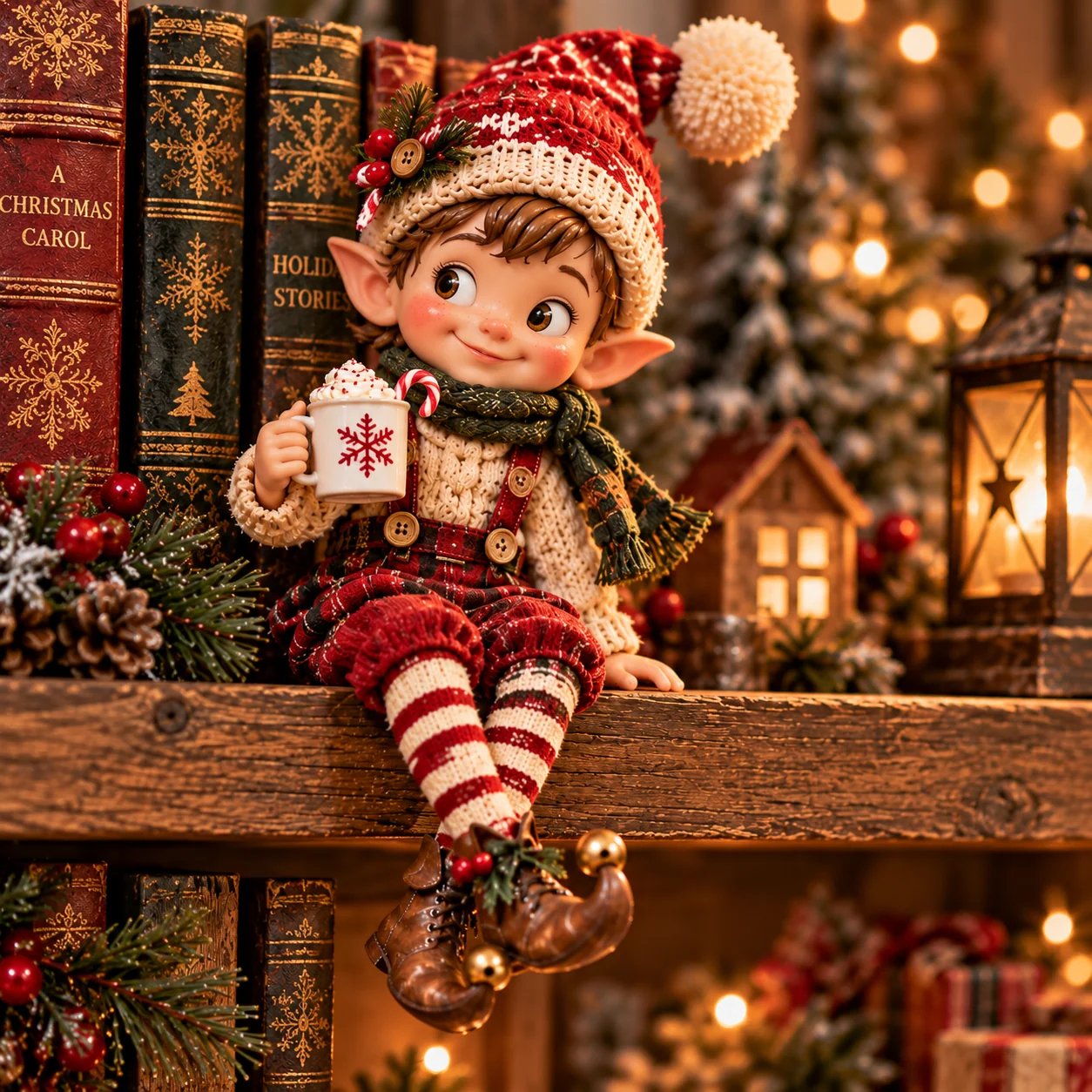 Christmas elf shelf sitter wearing a red winter hat, holding a hot cocoa mug, with striped stockings and dangling boots