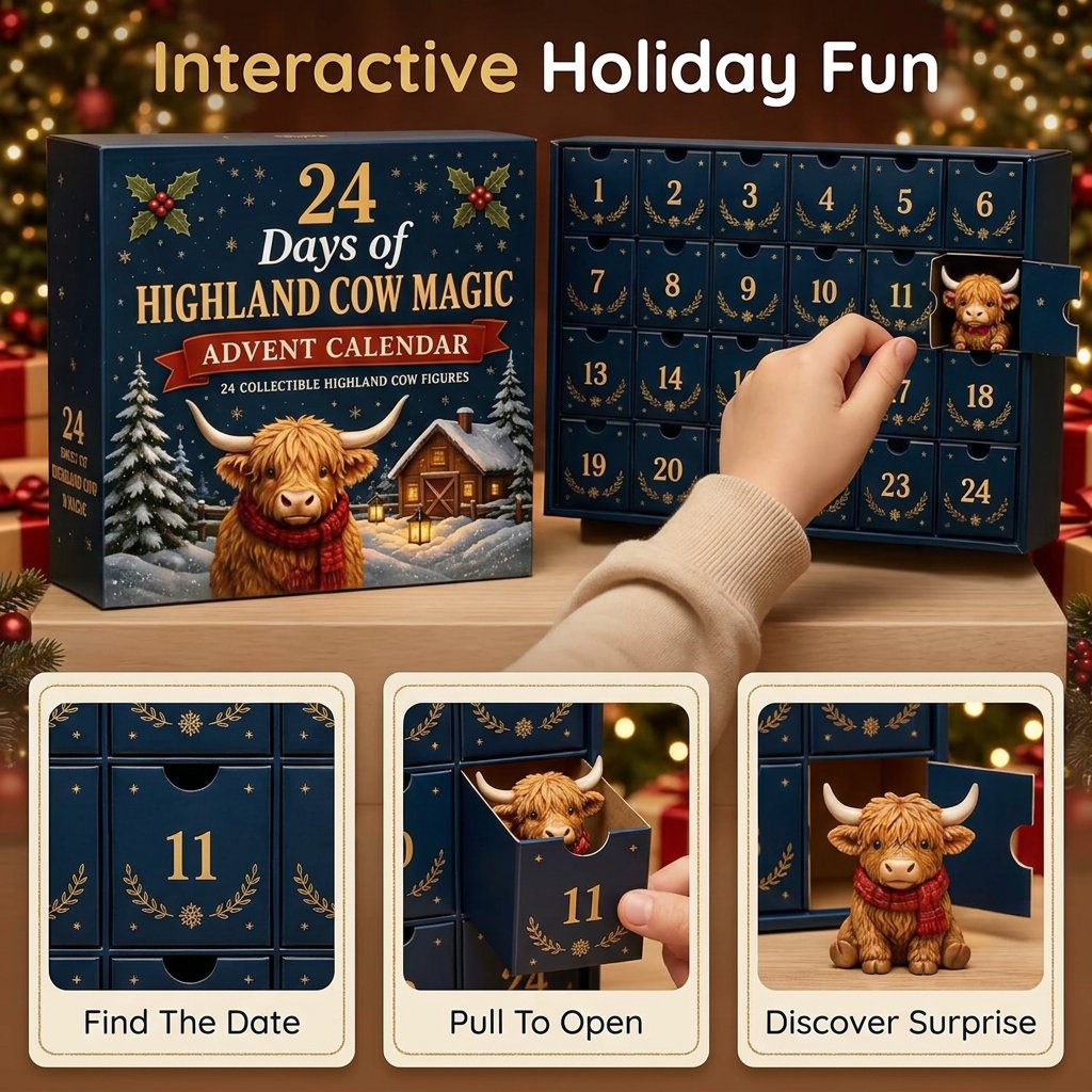 🐮 24-Day Highland Cow Advent Calendar – 24 Surprise Acrylic Ornaments