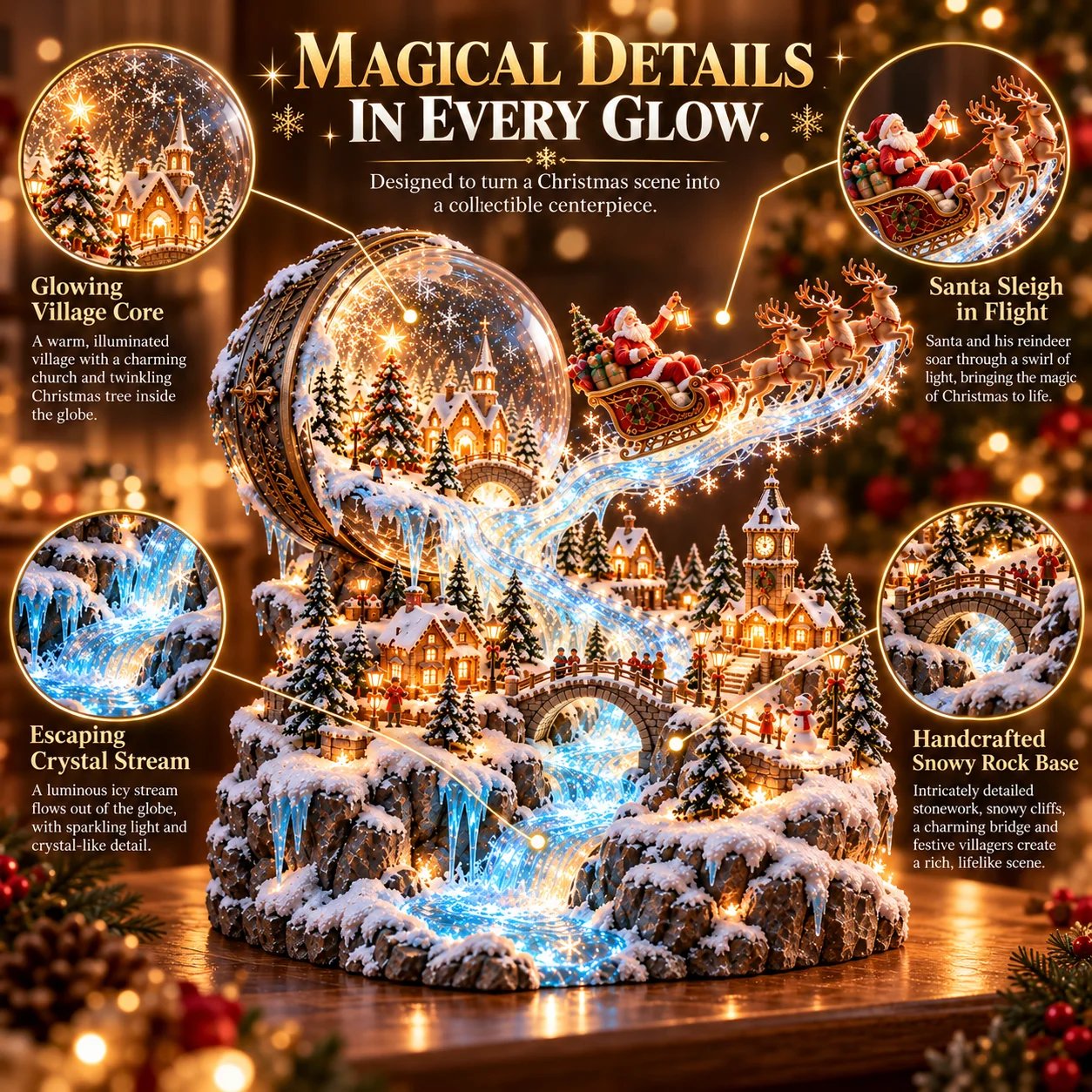 Details of the illuminated Enchanted Snow Globe Christmas village with Santa's flying sleigh