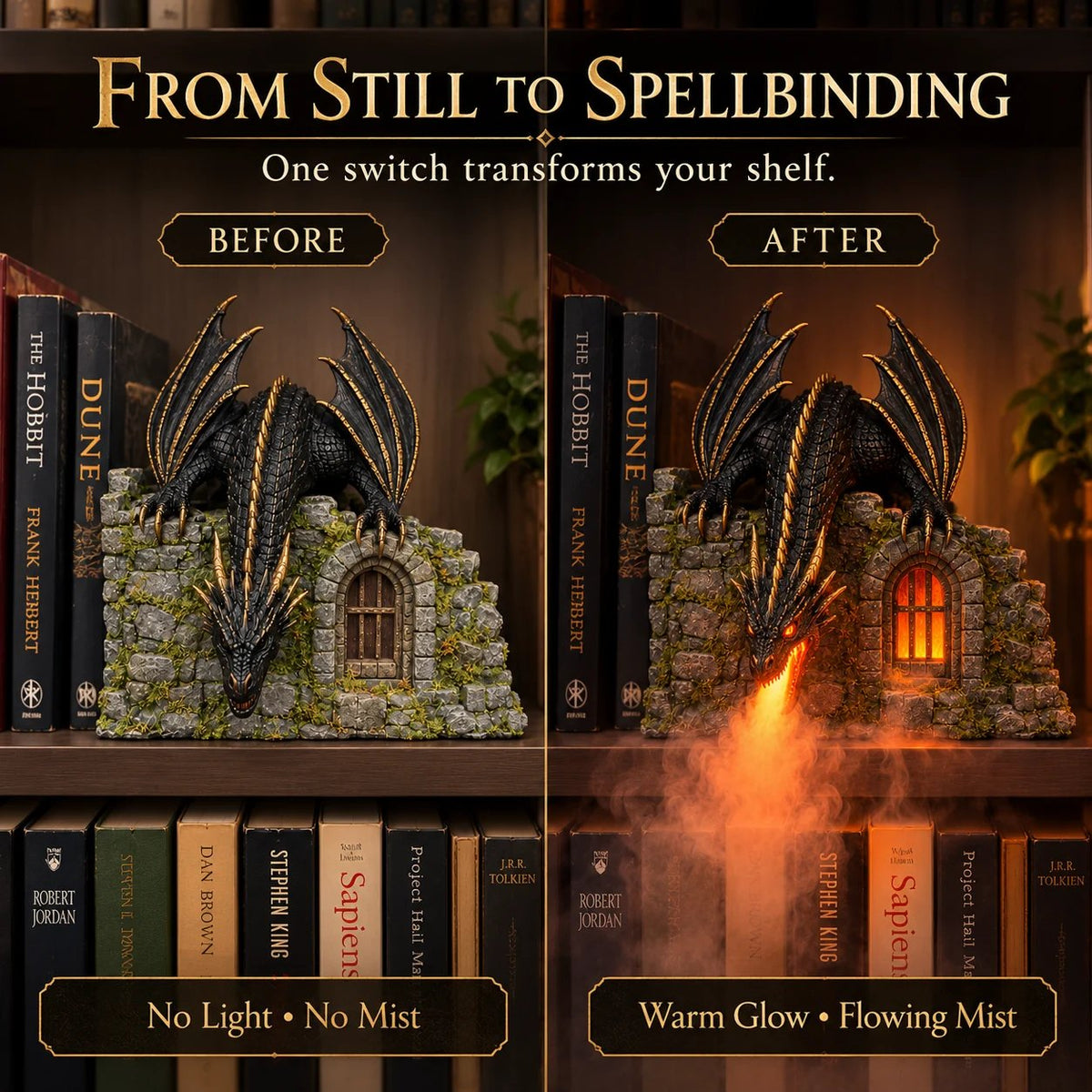 🐉 MistWyrm Dragon Diffuser – Glowing Dragon Mist for Fantasy Bookshelf Decor
