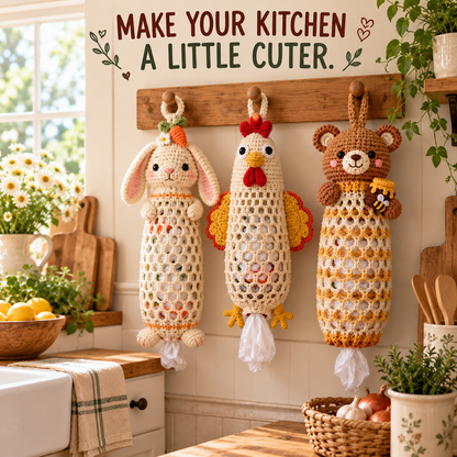🔥LAST DAY 49% OFF – 🌼 Cottage Harvest Keepers™ — Crochet Animal Bag Holder DIY Kit | 12 Adorable Designs