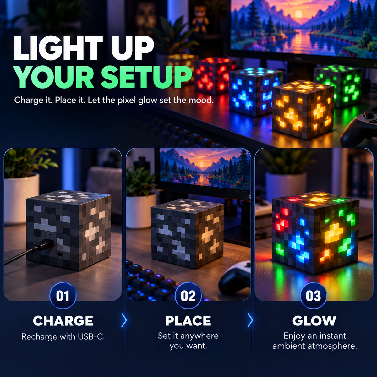 🎮✨ Minecraft Block Light – Pixel-Style LED Night Lamp for Gaming Rooms & Desks 🟩