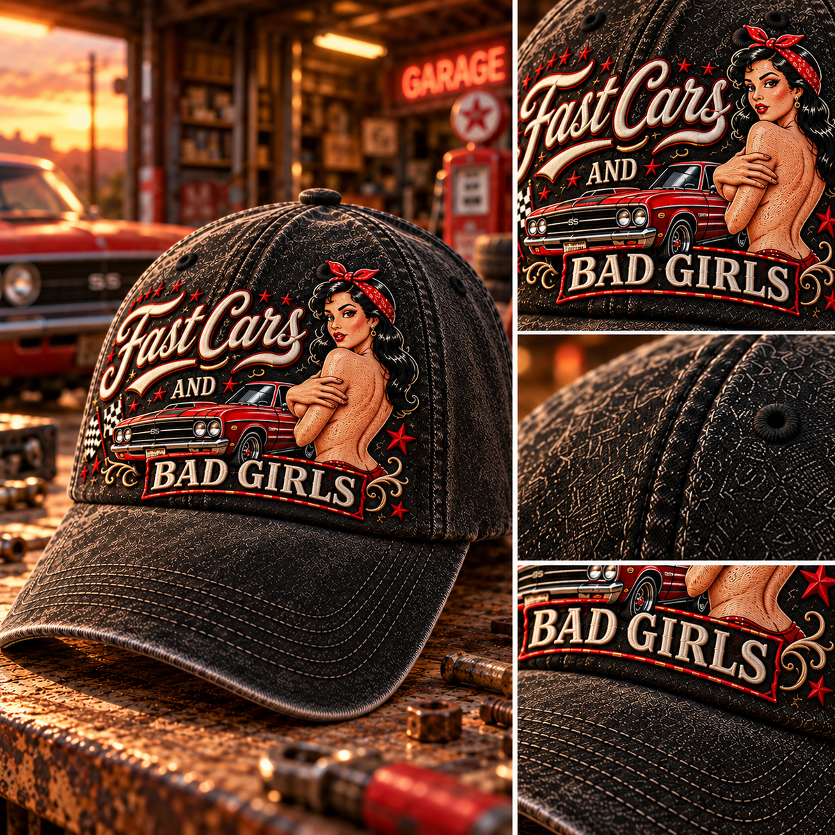 🏁🔥 Fast Cars And Bad Girls Retro Muscle Car Pin-Up Baseball Cap