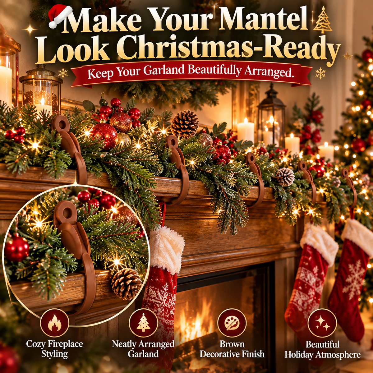 🎄 6-Pack Christmas Garland Hanger Clips – No-Drill Adhesive Silicone Holders for Mantels, Staircases & Holiday Decor