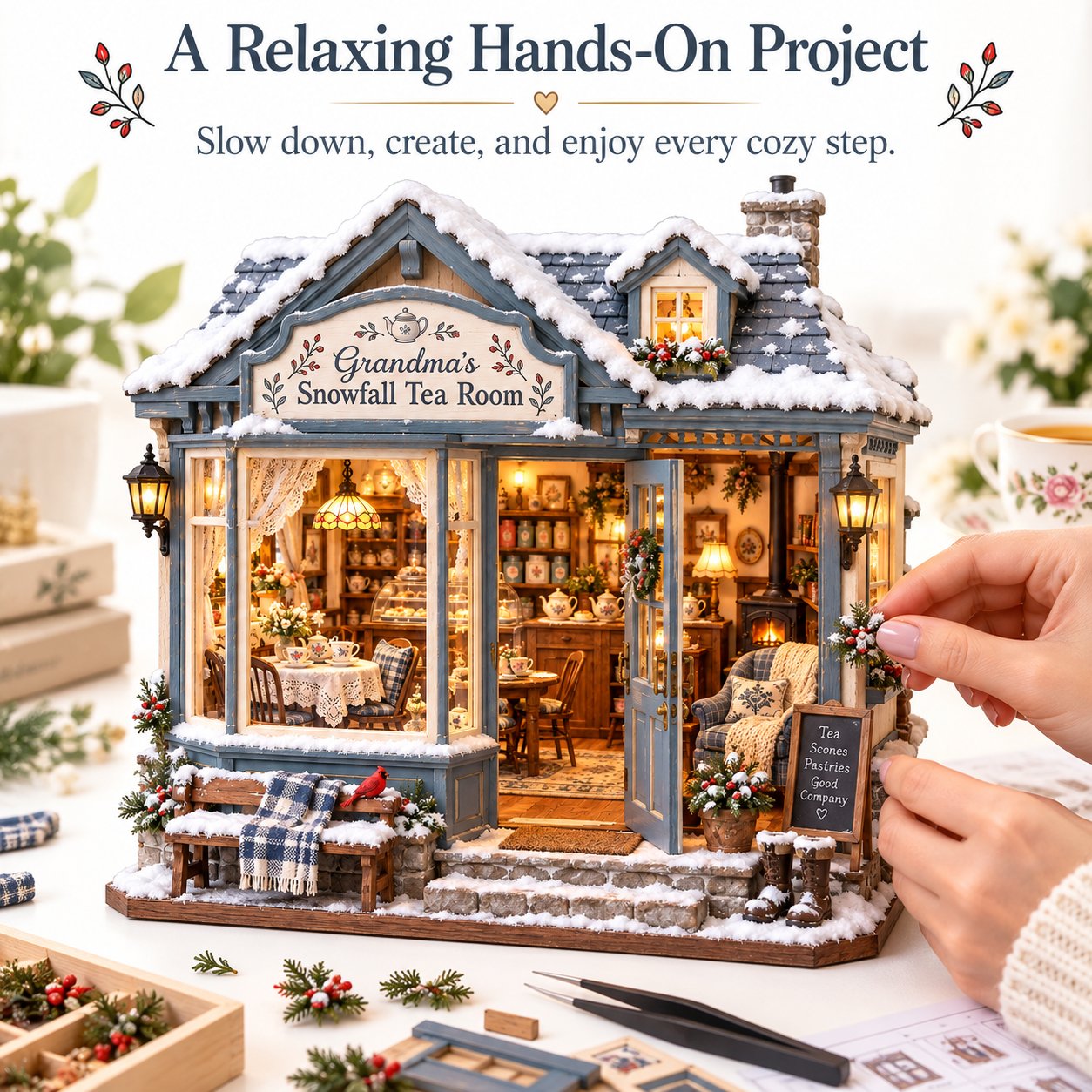 Hands adding decorative miniature winter greenery to the Snowfall Tea Room cottage