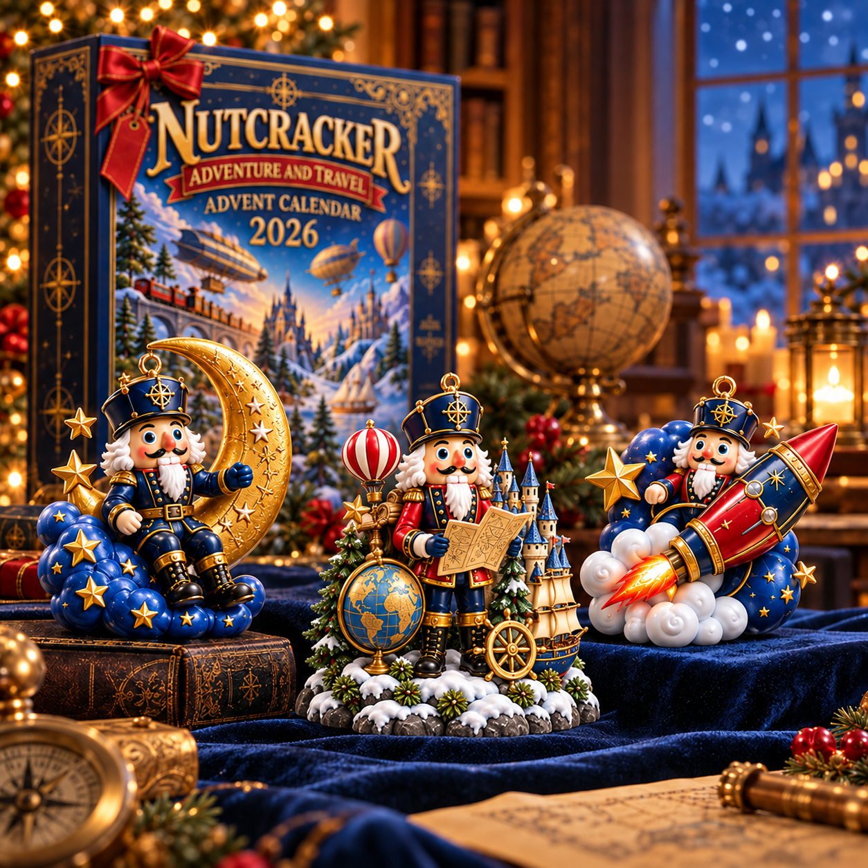 Travel-themed Nutcracker collectibles arranged for a Christmas display