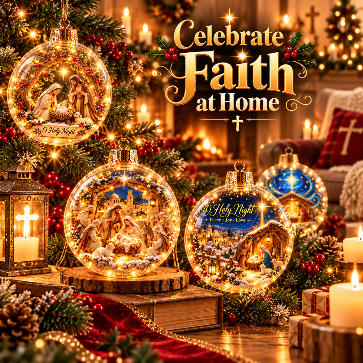 Christian Nativity ornaments arranged in a warmly decorated Christmas home