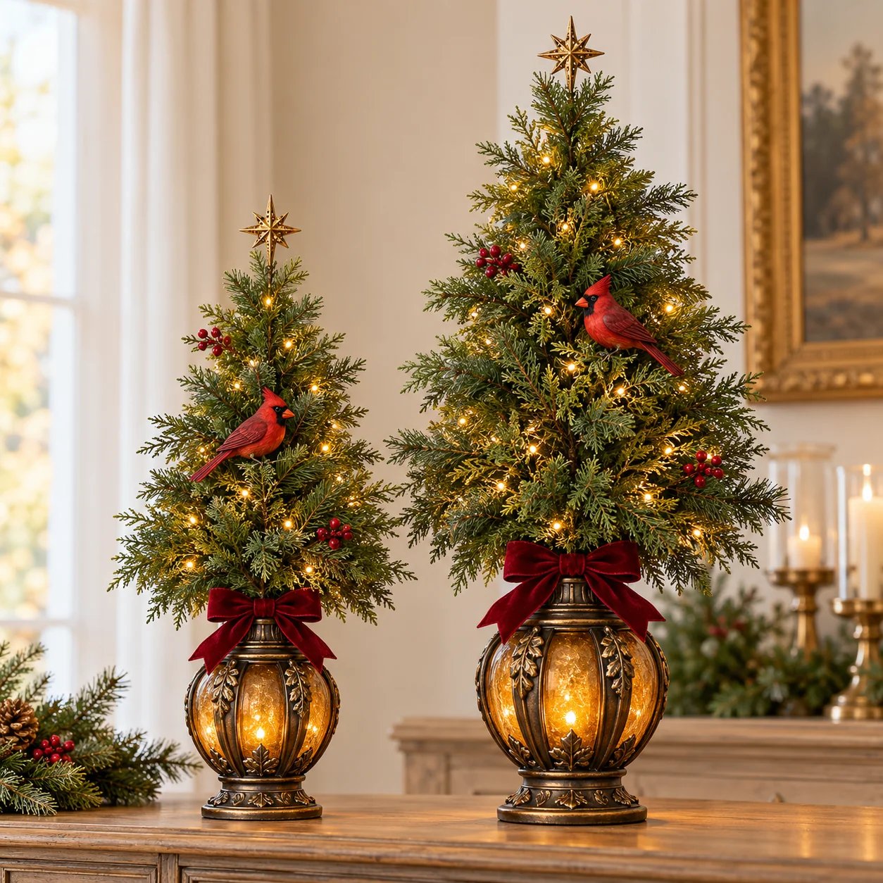 Two illuminated Cardinal Glow Christmas trees with decorative lantern bases
