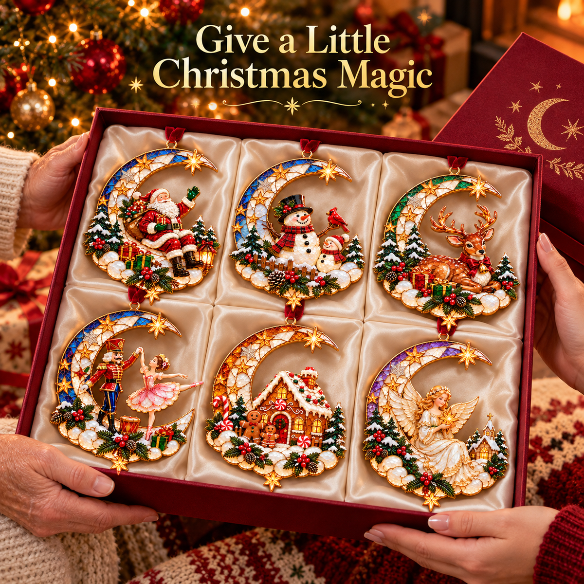 🌙 Moonlit Christmas – 6-Piece Storybook Crescent Moon Ornament Set