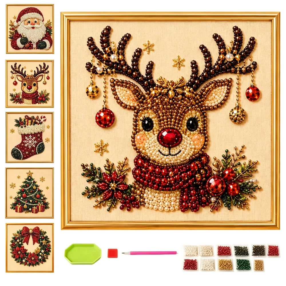 Christmas Pearl Diamond Art Kit contents with pearl beads and placement tools