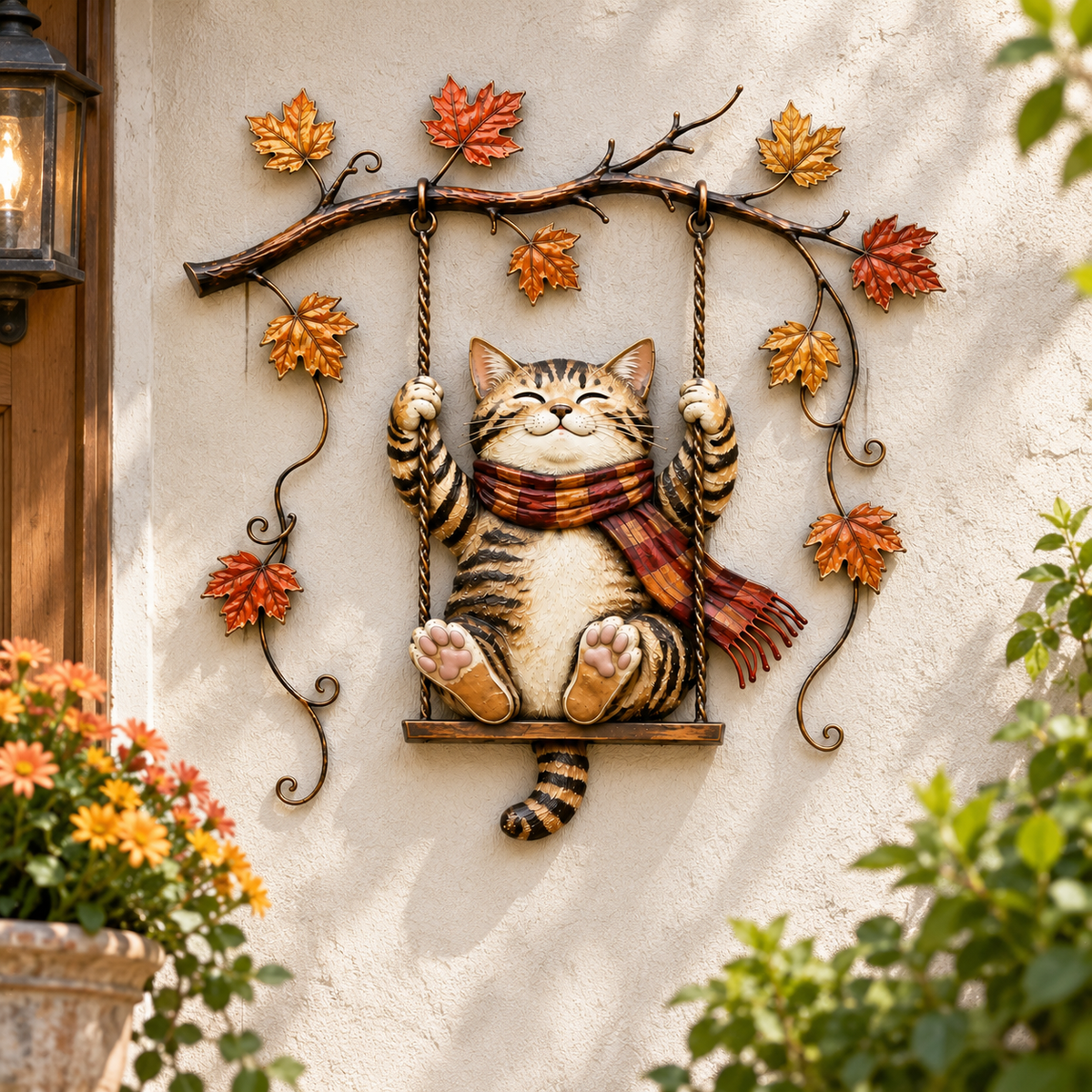 🐱🍂 Cozy Cat Swing Fall Wall Art – Rustic Autumn Metal Home Decor