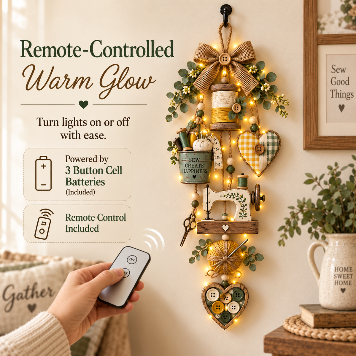 🧵✨ Sewing Lover’s Rustic Farmhouse Wall Hanging with Warm Fairy Lights
