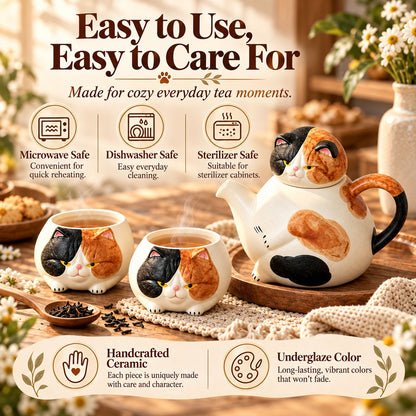 Handcrafted Calico Cat Teapot & Cup Set