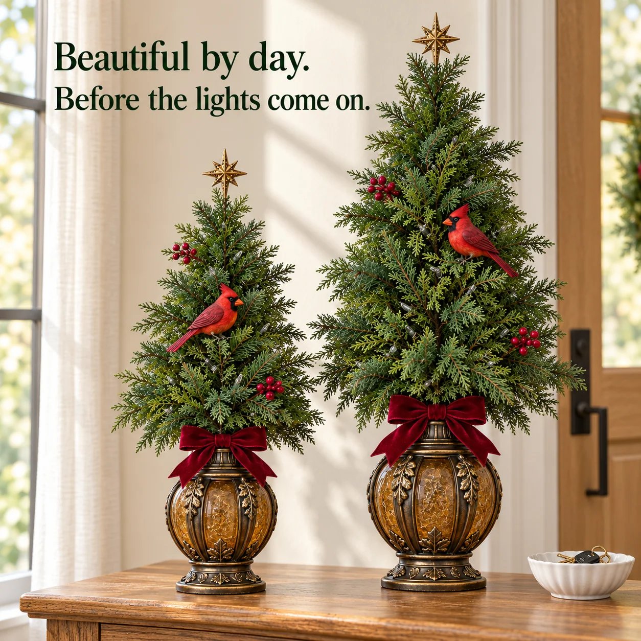 Pair of Cardinal Glow Christmas trees displayed in natural daylight