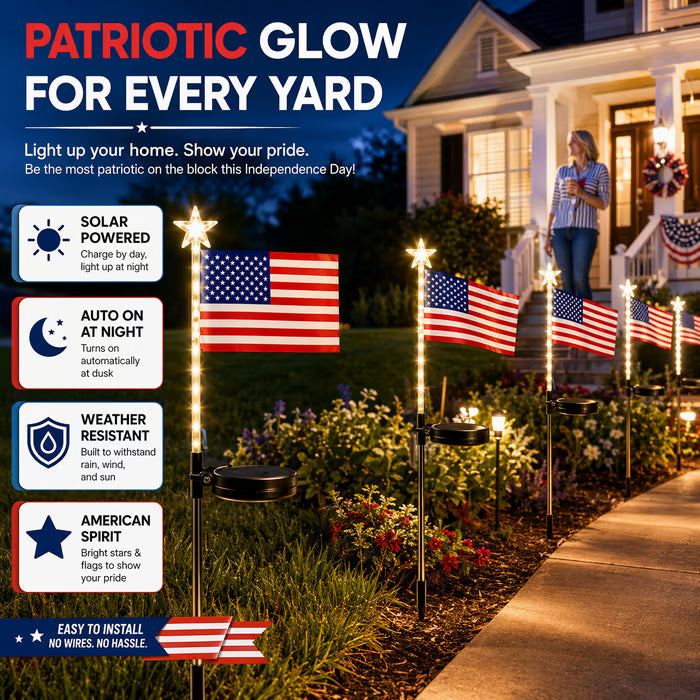 ☀️8-in-1 Solar American Flag Garden Stakes✨ IP65 Weatherproof & Auto-On Patriotic Decor
