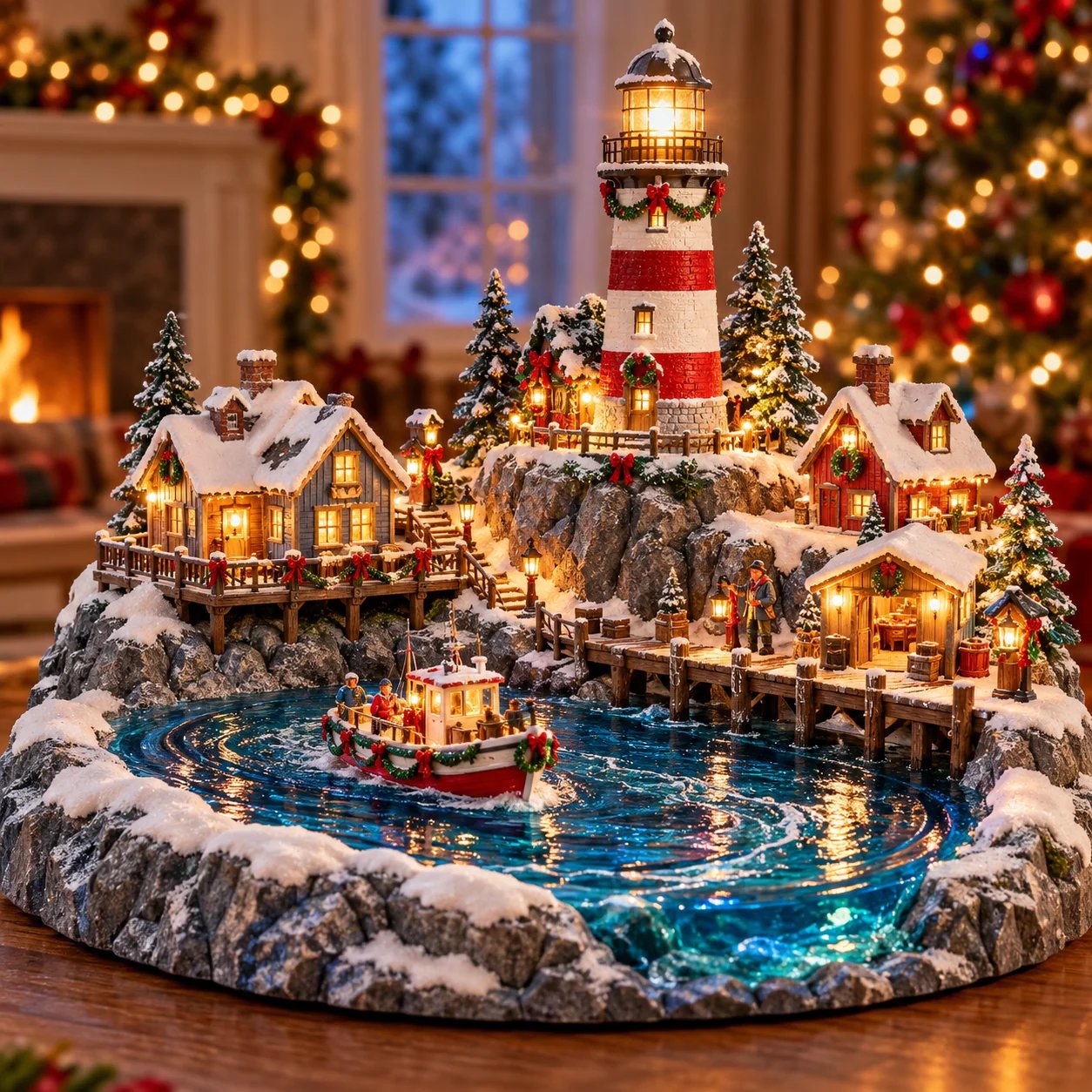 Coastal Christmas Harbor illuminated lighthouse village with fishing boat and snowy cottages